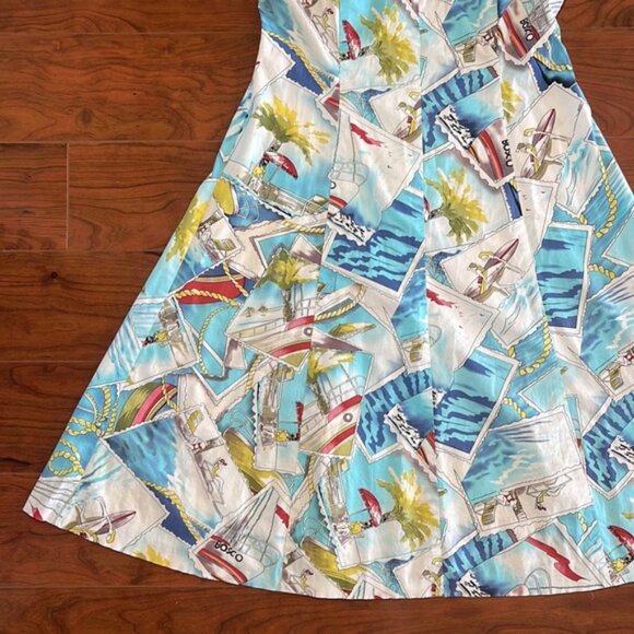 Depeche Mode White and Blue Sleeveless Vacation Palm Tree Boat Summer Dress - Picture 4 of 12